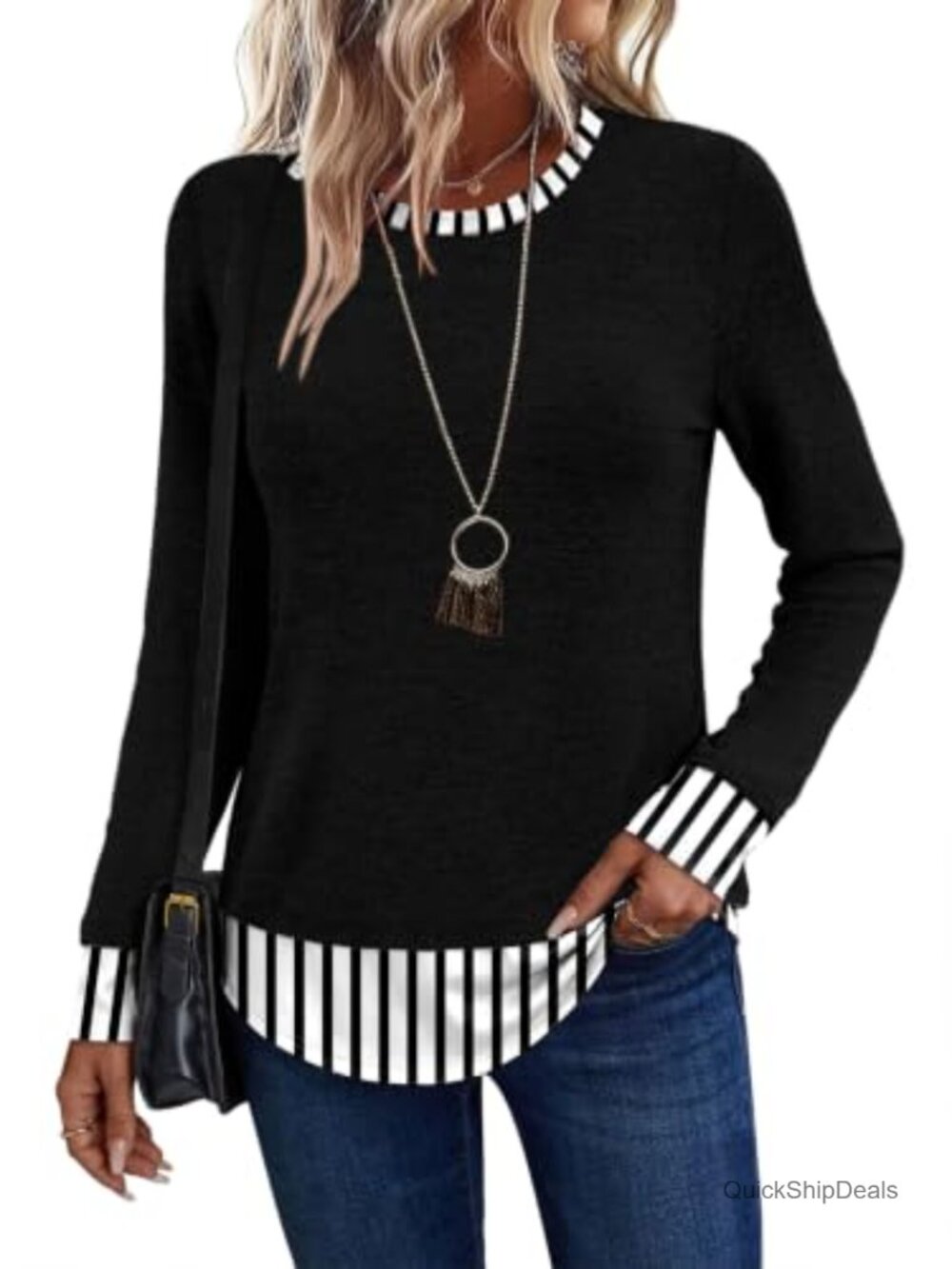 Womens Long Sleeve Tunic Top Lightweight Knit Loose Fit Casual Striped Hem